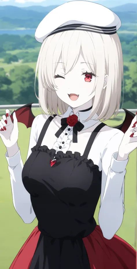 score_9, score_8_ up, score_7_ up, source_Anime, high definition , Anna, 1 girl, Alone, red eyes, black dress overlooking the scenery, red 弓, medium hair , 弓tie, bangs, Pure white hair, skirt , upper body, pure white and pale skin, has sharp fang...