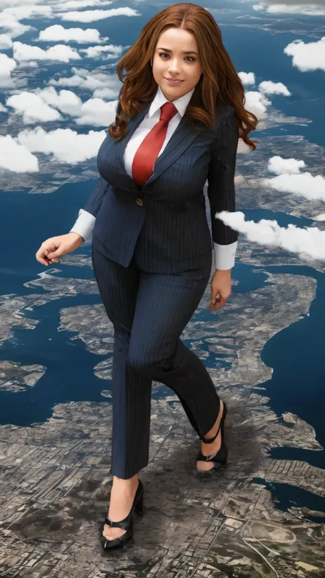 100 km tall giga giantic, curvy bbw woman with a beautiful smile, bigger than a giant city, curvaceous figure, massive beast, and long wavy bright ginger hair, with a curvaceous figure and massive breasts. wearing a tailored light grey pinstripe trouser su...