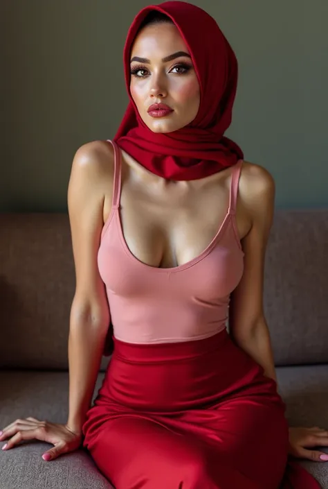 Photorealistic european young hijabi woman, 160cm tall, ((smooth skin, pale skin)), matte pink lipstick, long eyelashes, ((full lips, wide lips, perfect lips, big eyes, smokey eyeshadow, eyeliner, wearing smooth tight pink matte tank top, cleavage, smooth ...