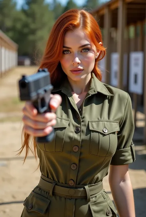 a red-haired and green-eyed military shooting instructor wears a training uniform and is at a shooting range at noon the high sun illuminates the scene creating defined shadows her lips are well outlined and painted nude her nose is aquiline and her eyebro...