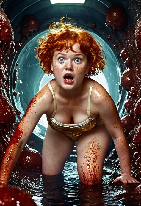  Retro scifiction-style cinematic image, terror . Inside the ass of a giant,  where a chubby little red-haired freckled girl wearing shiny gold metallic underwear travels in search of a hole to escape full of panic,  lost in the blood stream ,and the veins...