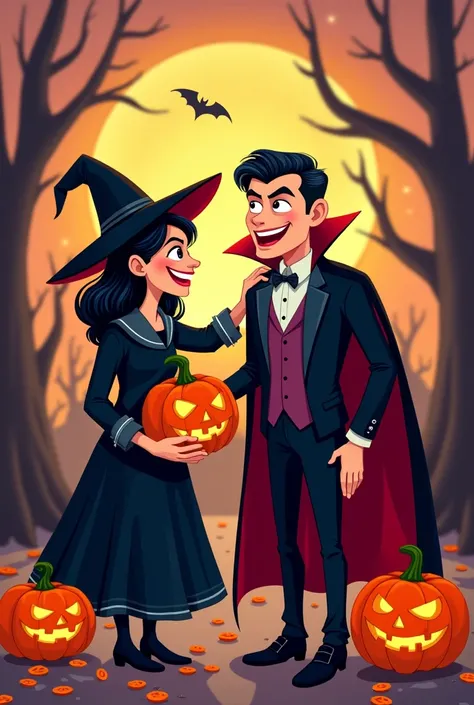  Create a consumerist illustration in cartoon style capturing the essence of Halloween .  The image must show one or two central characters  ,  each representing a hallowen figure like a witch and a vampire, they may be grabbing some pumpkins and chuxes