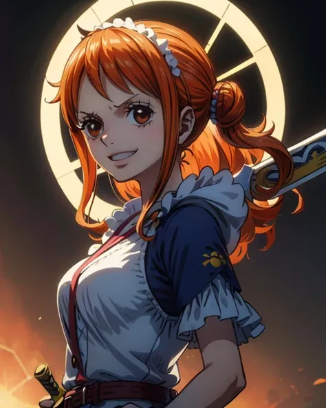 (最高masterpiece,  best quality, 4K, 8k,  high resolution,masterpiece:1.2), Nami in One Piece,smile,(Mysterious Knight),Miracle,Power Spot,Fantastic world tree,Green Sun,(Holy Sword,Holy Swordの美しい斬撃),She's on an adventure to defeat the demon king,Mysterious ...