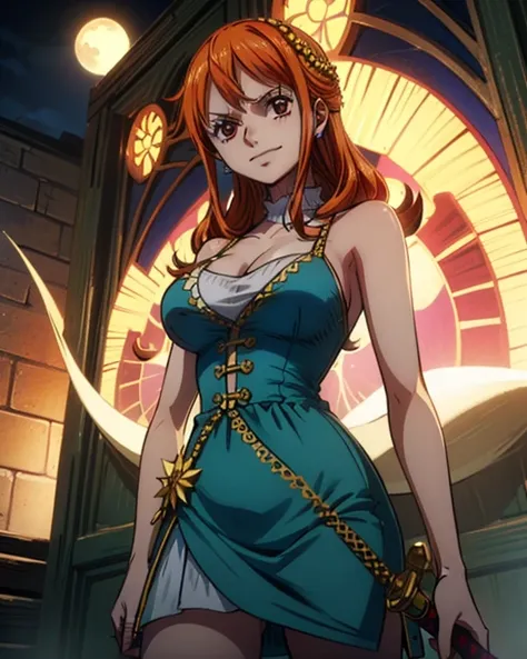 (最高masterpiece,  best quality, 4K, 8k,  high resolution,masterpiece:1.2), Nami in One Piece,smile,(Mysterious Knight),Miracle,Power Spot,Fantastic world tree,Green Sun,(Holy Sword,Holy Swordの美しい斬撃),She's on an adventure to defeat the demon king,Mysterious ...