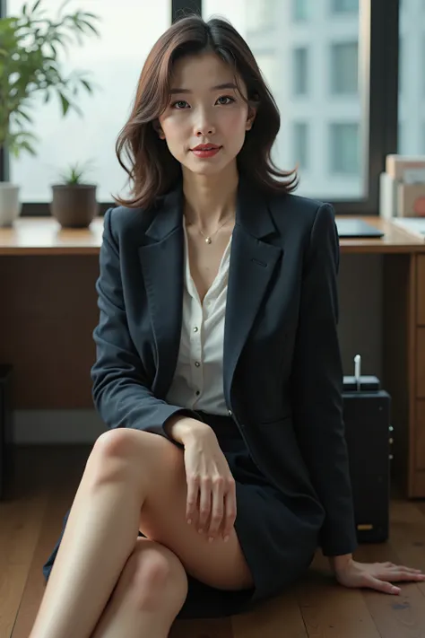 masterpiece, 8k, Photorealistic, beautiful Japanese mature woman, beautiful office worker, detailed face, business suits, pencil skirt, sitting on the floor