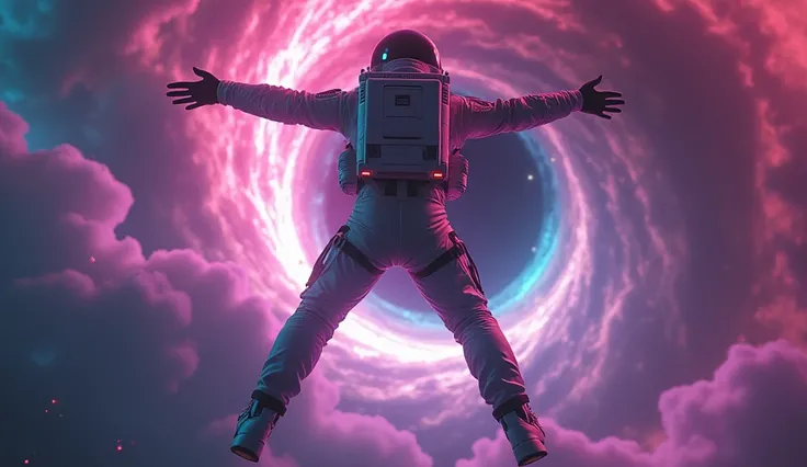 hiphop style man flying in space showing his back open arm hands and waering white shoe and black hole in the picture. sci fi neon style theme