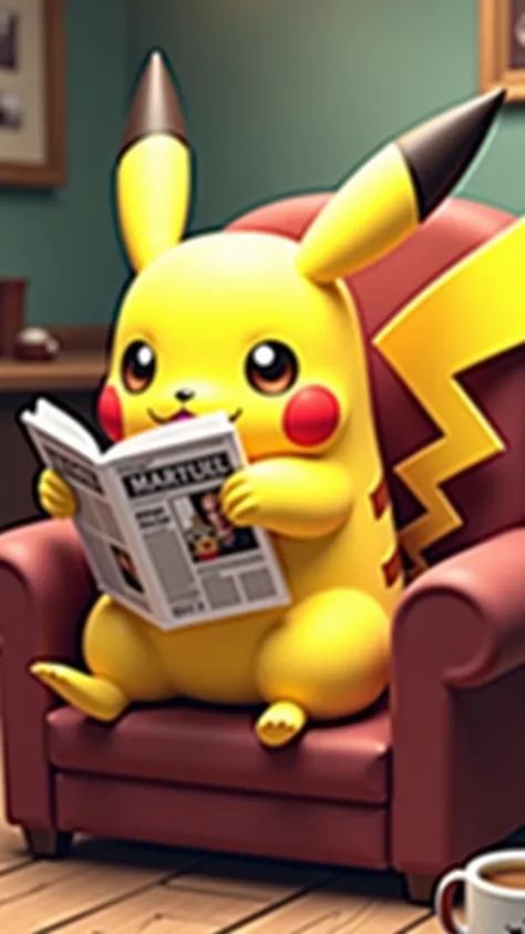 A Pikachu is sitting on a chair, drinking coffee and reading a newspaper