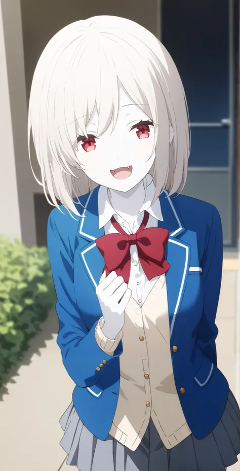 score_9, score_8_ up, score_7_ up, source_Anime, high definition , Anna, 1 girl, Alone, school uniform , red eyes, jacket , shirt, bow, white shirt, blue jacket , collared shirt, blazer, red bow, medium hair , bowtie, bangs, Pure white hair,...