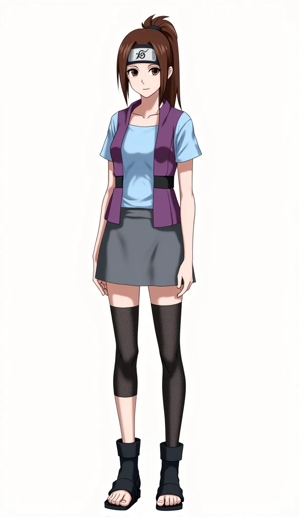 
The woman in the drawing has a slender, athletic figure with long brown hair tied in a ponytail and brown eyes. She wears the Konoha headband and a ninja outfit consisting of a light blue boat-neck shirt with shoulder-length sleeves and over it a short pu...