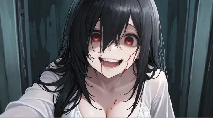 1girl,Long Hair, Looking at viewer, Open Mouth, Black Hair, Teeth, Accurate, Best Quality, Masterpiece, [Sadako-chan],High Resolution, Red Eyes,White dress with blood,sarcastic smile,adult,Breasts, 