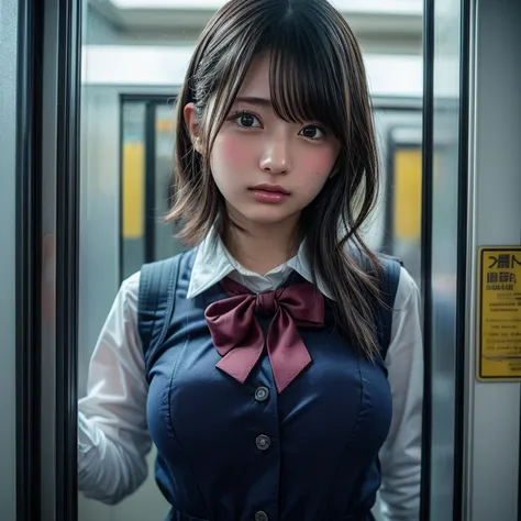 masterpiece, highest quality, female 1, Super detailed, short hair, Japanese high school girl uniform, blush, large breasts, Automatic train doors, face is close, Facial Close-up, sweat, pussy juice