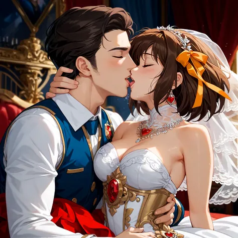 (( best quality)), ((masterpiece)), ( Details), （ perfect face）、The brown-haired Haruhi Suzumiya, who became the wife of a Saudi royal man and became queen, wore a gorgeous royal dress and wore a splendid royal costume on a luxurious bed, and happily relie...