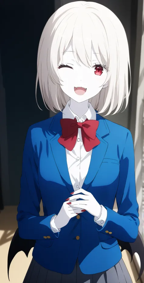  score_9,  score_8_ up,  score_7_ up,  source_Anime,  high definition , Anna,  1 girl, Alone,  school uniform ,  red eyes,  jacket ,  shirt, bow, white  shirt, blue  jacket , collared  shirt,  blazer, red bow,  medium hair , bowtie, bangs, Pure white hair,...
