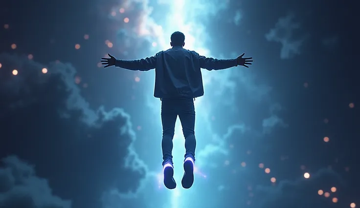 man wearing jacket and shoe floating in universe space with open arm hands, showing his back to camera. sci fi neon style theme. camera angle is bottom to top