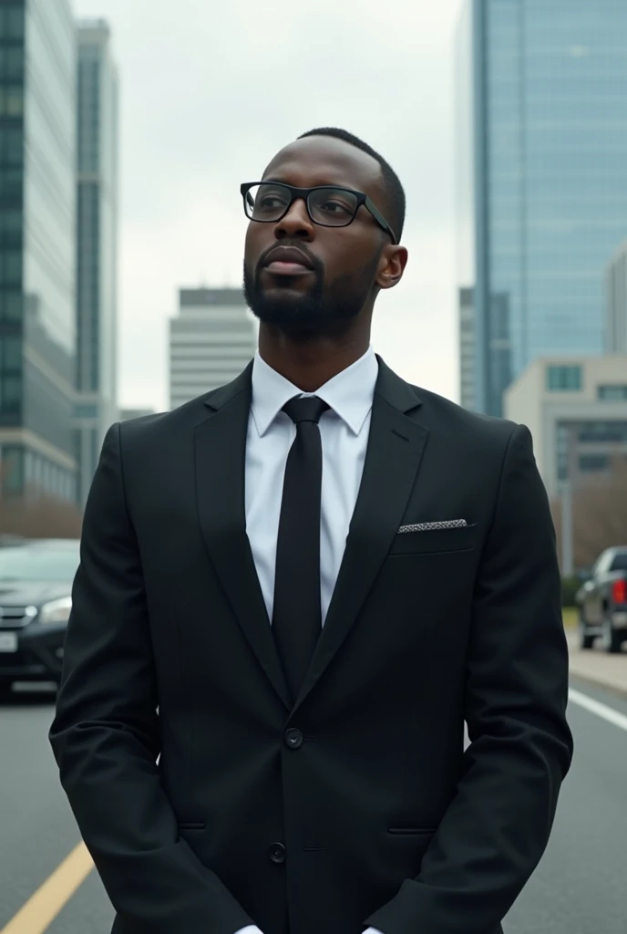 create a well African office man (an researcher) dressed with a black suit and glasses with a wireless microphone in his mouth like that of a pilot.he should stand with his fingers fixed into each other
the background should be vehicles moving to and fro b...