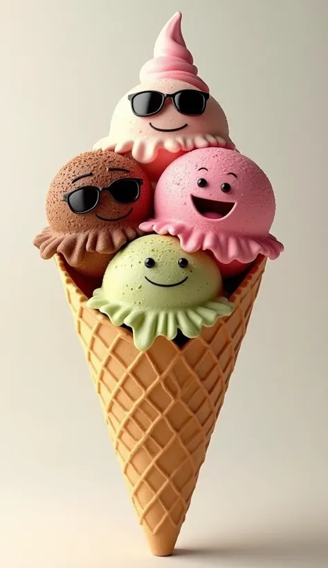  A giant ice cream in 3D ,  with three ice cream balls in a cookie cone ,  in chocolate colors ,  strawberries and pistachios ,  giving the ice cream balls a face with male sunglasses and a captivating smile.  Above the ice cream must have the name  :  Arc...