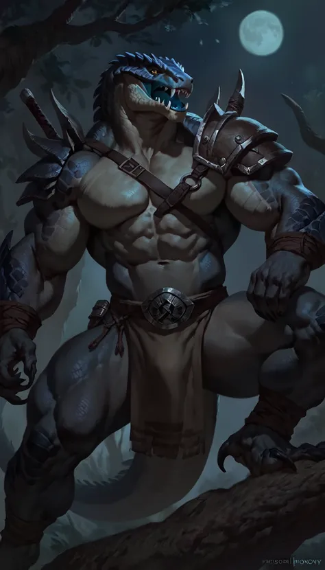 Muscular monster lizardfolk, solo, pants, mercenary, blue tongued skink lizardfolk, gray body, strong, bara, 1male solo, anthro, bara, muscular, open mouth, small waist, thick tail, thick scales on the shoulders, marked jaw, pecs, big pecs, pants, tribal c...