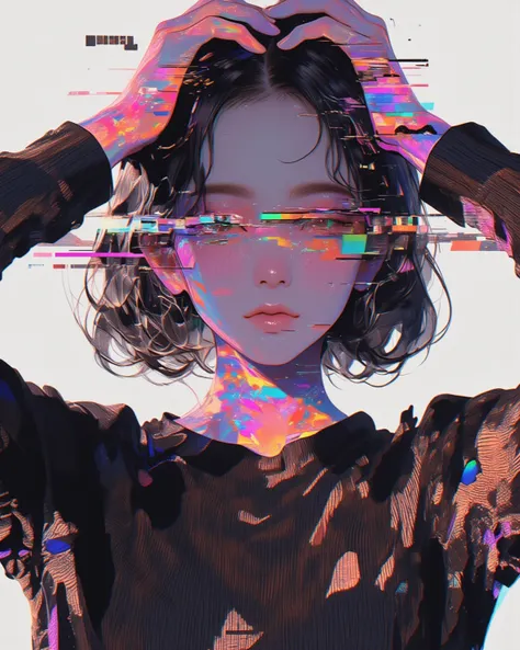 arafed image of a woman with her hands on her head, glitch effect, young glitched woman, anaglyph effect, beautiful glitch art dream, glitch effects over the eyes, glitched, analog glitch art, glitchpunk girl, digital glitches glitchart, glitchy, glitch ef...