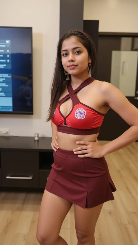 A full lenght shot of a younger indian sports girl in a living room. She is standing by the huge tv, ultra-high definition, realistic photography. sports bra. Satin triangle bra with crisscross halter neck paired with a mini pencil skirt , she is fine. ind...