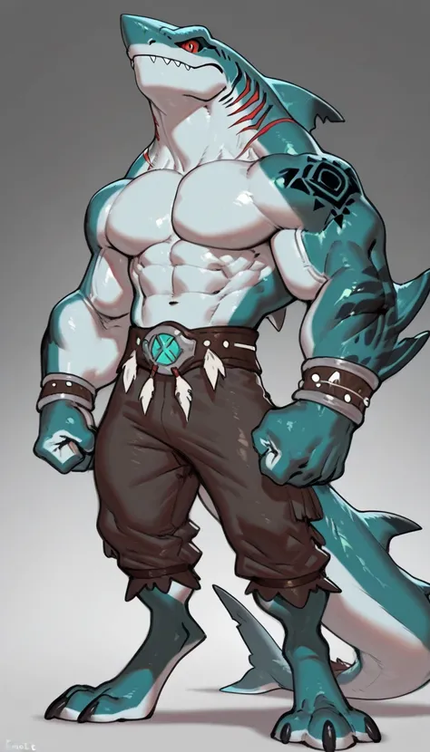 sharkman, anthro megalodon, darker hands and fins, black back, solo, big arms, bara, detailed skin, lizard shark hybrid, anthro, closed mouth, tribal polynesian tattoos, detailed shark skin, scalie arms, fins on arms, gray color body, beefy, thick scales o...