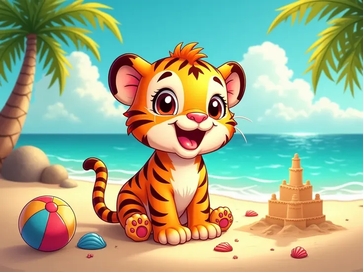 Create a highly detailed and vibrant illustration of a cute, joyful baby tiger playing on a tropical beach. The tiger should have big, sparkling eyes and a playful smile, with its fur slightly tousled by the ocean breeze. Surround the tiger with colorful b...