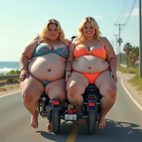 Two plus size model women look like Tess Holliday and have a lot of fat on their stomachs and butts and weigh 600lb, they are squashed on the front and back of a motorcycle seat on a beachside road, they have become very fat from eating too much, they are ...