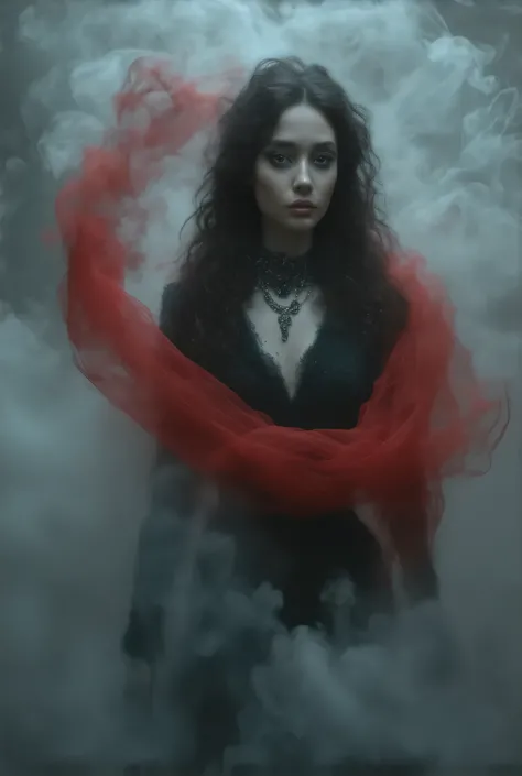 female model of 1991 Chanel black haute couture, face close-up,Long curled hair ,Science Fiction,Mecha style,noble,典雅,Mythical Helen , professional woolen dress , wearing exaggerated jewelry , wearing jewelry typical Chanel style , simple and stylish ,Red...