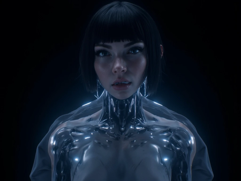 A young, pleasant, light cyborg girl, with a black short haircut, stands straight and looks directly at the camera, hands on the sides, high -quality photographs, super realistic, correct and pure facial features, European appearance, elements of electroni...