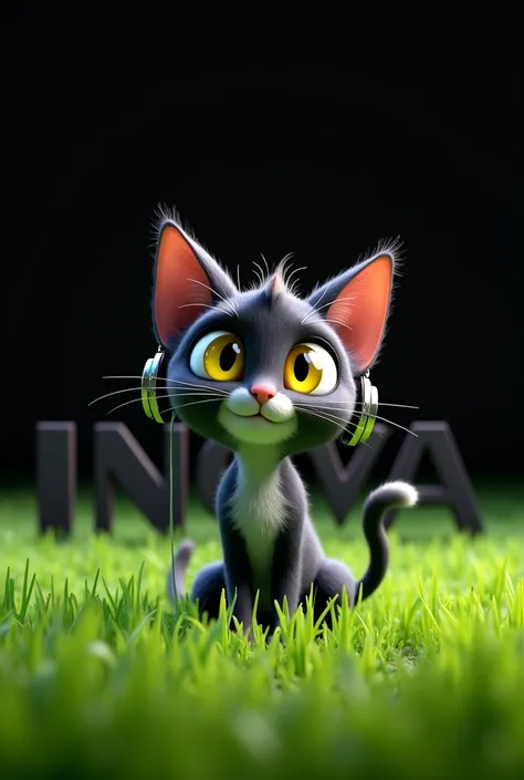 Pixar-like image, logo, green background with the name Innova and a female cat in the black and white background with dilated yellow eyes with headphones 