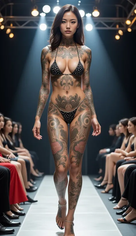 A very beautiful Japanese woman is standing there, covered in many tattoos all over her body. Her tattoos are on her neck, shoulders, arms, stomach, legs, and even the tops of her feet. Her whole body is covered in tattoos that cover her bare skin. Her tat...