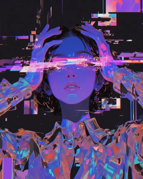 arafed image of a woman with her hands on her head, glitch effect, young glitched woman, anaglyph effect, beautiful glitch art dream, glitch effects over the eyes, glitched, analog glitch art, glitchpunk girl, digital glitches glitchart, glitchy, glitch ef...