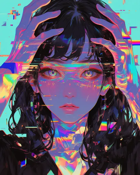 arafed image of a woman with her hands on her head, glitch effect, young glitched woman, anaglyph effect, beautiful glitch art dream, glitch effects over the eyes, glitched, analog glitch art, glitchpunk girl, digital glitches glitchart, glitchy, glitch ef...