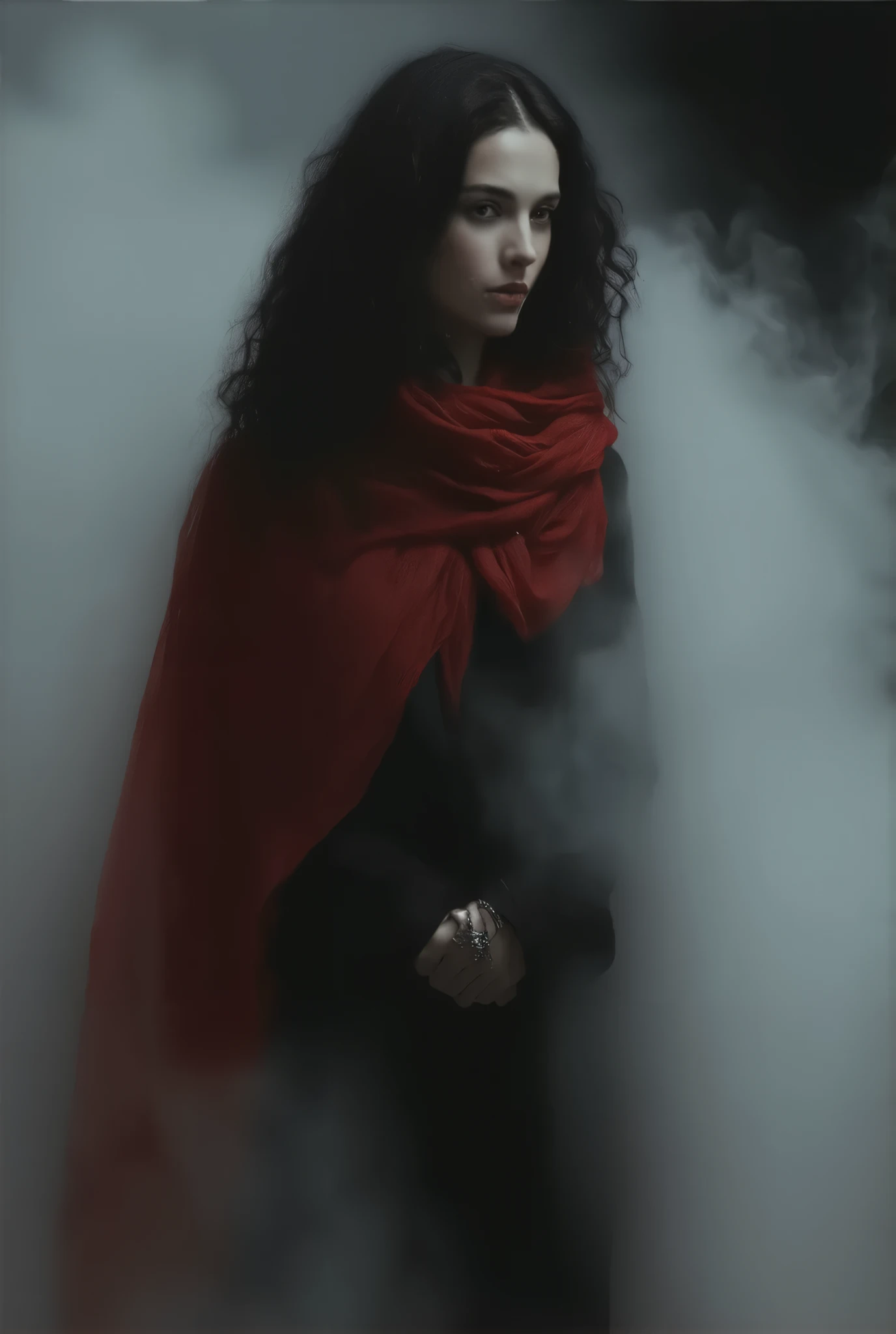 1991 Chanel black haute couture, face close-up,Long curled hair ,Noble,典雅,Mythical Helen , professional woolen dress , wearing exaggerated jewelry , wearing jewelry typical Chanel style , simple and stylish ,Red transparent flying scarf ,Face-covering ,Th...