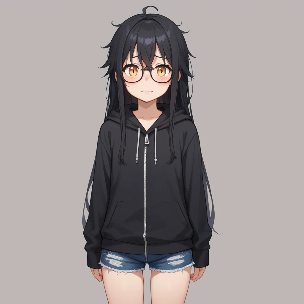  (loli:0.7), one girl , (anime:1.4),  golden eyes ,  standing, furrowed brow, embarrassed

black hair:1.5, long hair:1.2, straight hair, messy hair:0.8 , glasses:0.6,

cowboy shot

micro shorts , ((girl is wearing only very long plain black hoodie)),(The f...