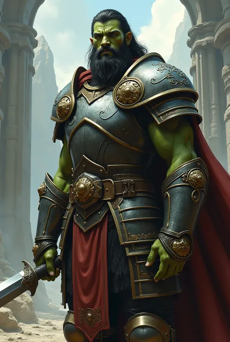 A half-orc young man without a beard , with human features and green skin,  wears plate armor and is posing as Conan