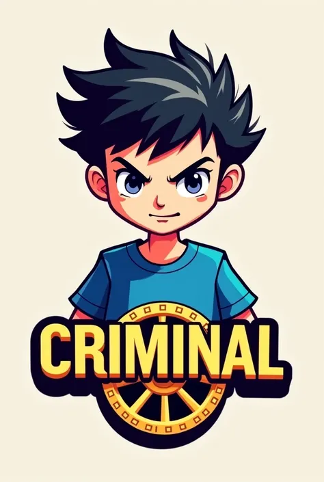 Create a logo where the boseto is a gamer boy wearing a blue t-shirt with black hair and with a gold wheel around and below that has the letters "criminal"