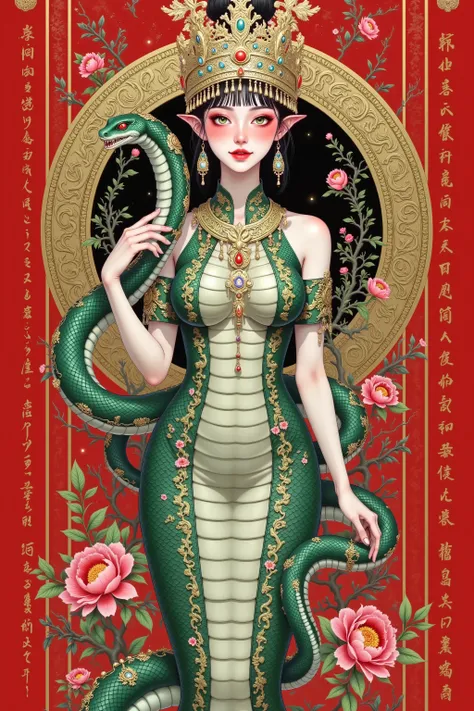 Create a traditional Chinese New Year illustration featuring a majestic snake. The snake should be coiled elegantly in a circular shape, with intricate patterns on its scales resembling traditional Chinese motifs like clouds, waves, and flowers. The snake'...