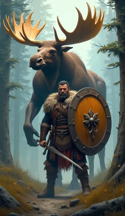 A warrior in fur armor, holding a maple leaf shield, with a giant moose standing behind him. The moose has glowing antlers and a calm yet powerful stance.