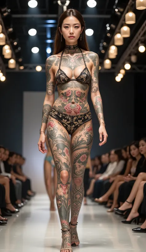 A very beautiful Japanese woman is standing there, covered in many tattoos all over her body. Her tattoos are on her neck, shoulders, arms, stomach, legs, and even the tops of her feet. Her whole body is covered in tattoos that cover her bare skin. Her tat...