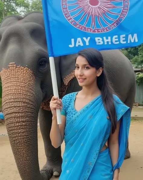 A 23-year-old beautiful girl is standing next to an elephant. She is holding a blue flag in her hand. The flag features a circular design resembling the wheel of a cycle in the center, and below it, the words "JAY BHEEM" are written. The girl is wearing a ...
