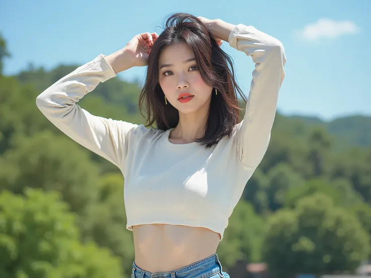 Korean celebrity makeup sharp eyes, dark rim, pink red lips, 24, beautiful white skin, blue cream jeans, photo post, raise both arms up, hair, 8k clarity in the morning, garden view, clear sky