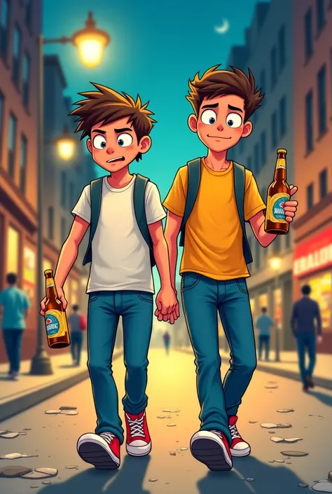 Two drunk young people walking and tired on the street with beer in their hands,  cartoon