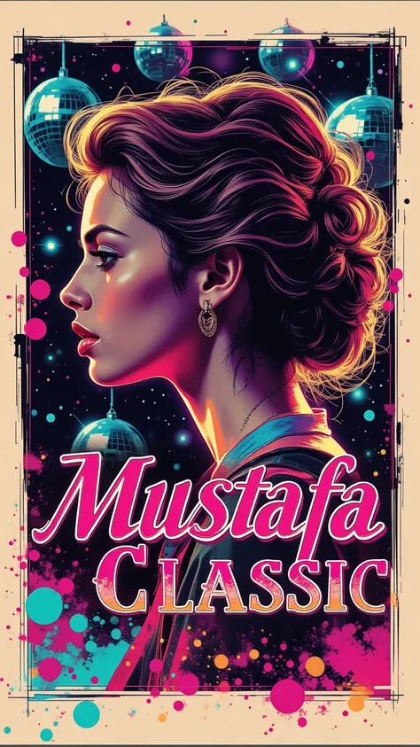 Create a sketch drawing that features a detailed the vibrant spirit of the 1980s. 
Incorporate the slogan "mustafa classic" in bold, stylish letters at the top of the poster, evoking a sense of nostalgia and love. The background should be inspired by a liv...