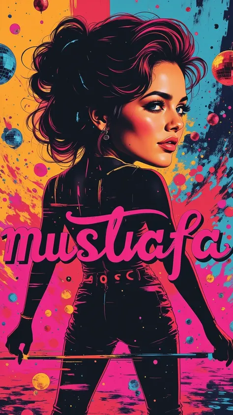 Create a sketch drawing that features a detailed the vibrant spirit of the 1980s. 
Incorporate the slogan "mustafa classic" in bold, stylish letters at the top of the poster, evoking a sense of nostalgia and love. The background should be inspired by a liv...