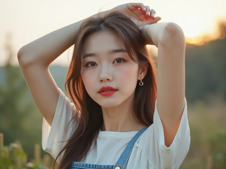 Korean celebrity makeup sharp eyes, dark rim, pink red lips, 24, beautiful white skin, blue cream sleeved jeans, photo post, raised both arms up, hair, 8k clarity in the early morning, garden view, bright sky