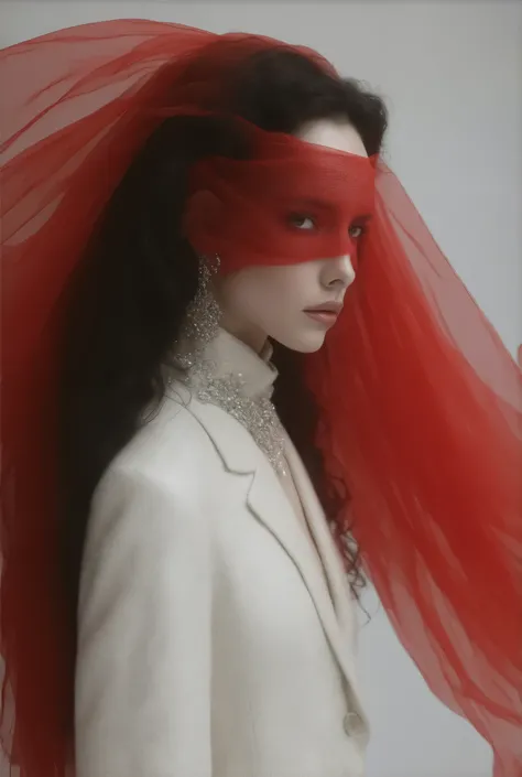  female model of 1991 Chanel black haute couture， face close-up，Long curled hair ，Science Fiction，Mecha style，noble，典雅，Mythical Helen ， professional woolen dress ， wearing exaggerated jewelry ， wearing jewelry typical Chanel style ， simple and stylish ，Red...