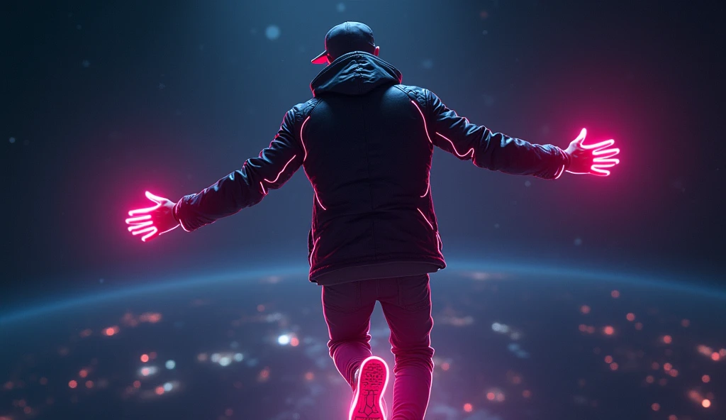  man wearing jacket and neon glowing shoe and cap floating in space with open arm glowing hands, showing his back to camera. sci fi neon style theme