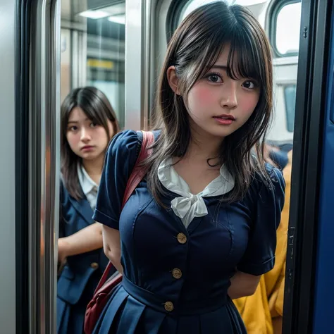 masterpiece, highest quality, female 1, Super detailed, short hair, Japanese high school girl uniform, blush, large breasts, (Press against chest), arms behind back, Automatic train doors, face is close, Facial Close-up, sweat, pussy juice, (Crowded train:...