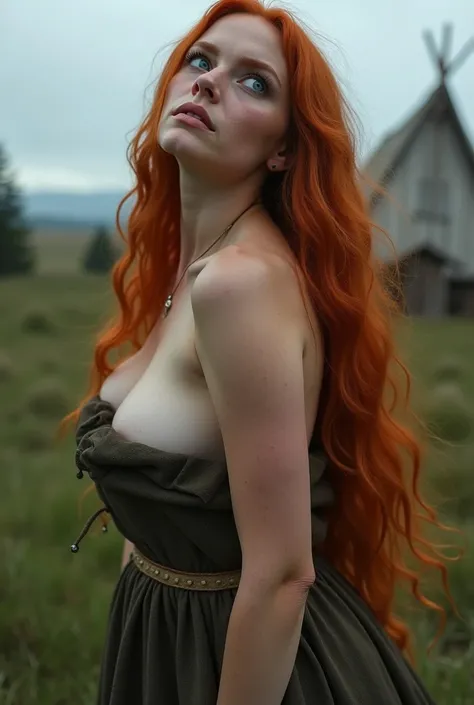 Beautiful nordic woman, pagan viking mother, royal, long red hair, grey eyes, thin cloth dress open, big woman, fat fleshly rubenesque, dynamic energetic pose, leaning front, looking up, green lapland nordic nature, viking village background summer, minima...