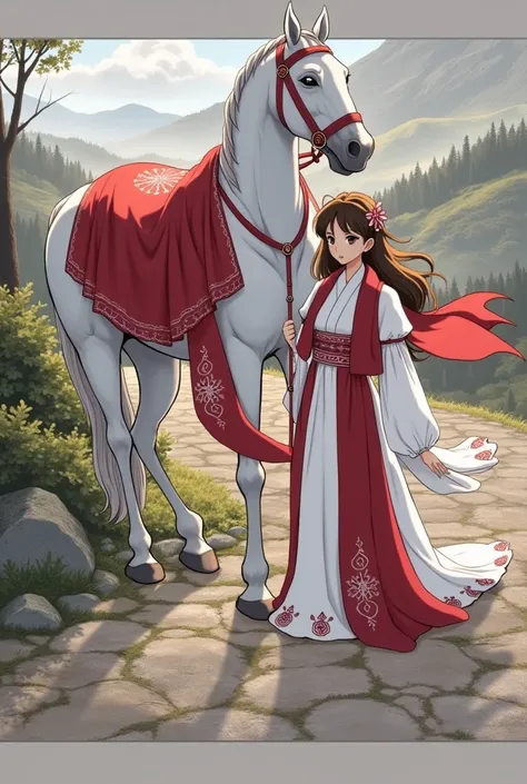 Turn this princess and her horse into anime illustration drawings. The horse is white and wears red fabrics, She is brown and her dress is white and red. 